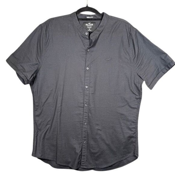 Hollister Epic Flex Button Front Shirt Mandarin Collar Black Size XL Muscle Fit - Picture 1 of 7